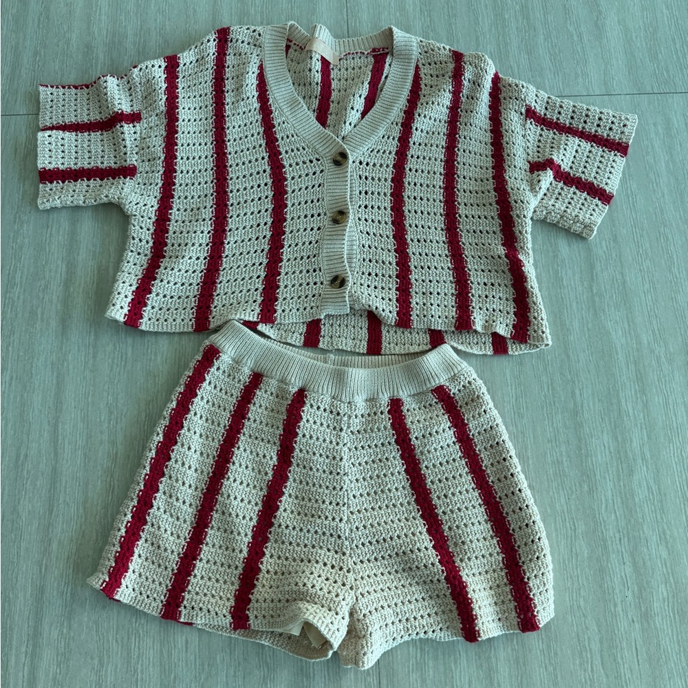 Striped Crochet Cardigan and Shorts Set Almost New